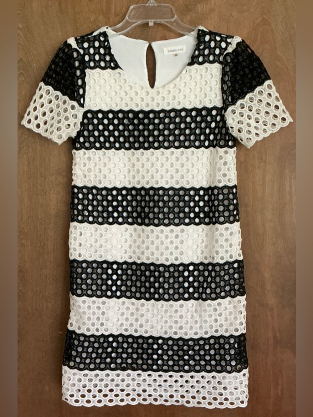 Sugar + Lipz Eyelet or Crochet Black/White Striped Pattern Dress Short Sleeve S